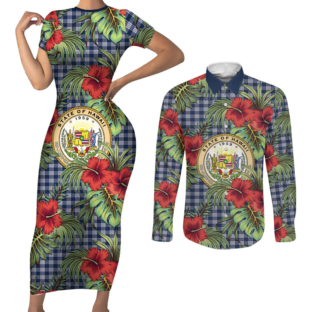 Vintage Hawaii Hibiscus Palaka Couples Matching Short Sleeve Bodycon Dress and Long Sleeve Button Shirt Navy Color LT19 Navy - Polynesian Pride