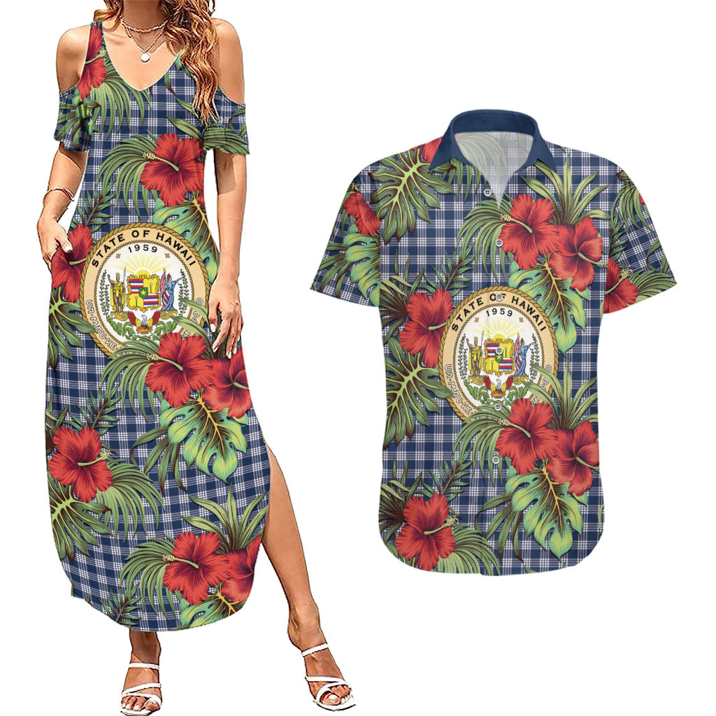 Vintage Hawaii Hibiscus Palaka Couples Matching Summer Maxi Dress and Hawaiian Shirt Navy Color LT19 Navy - Polynesian Pride