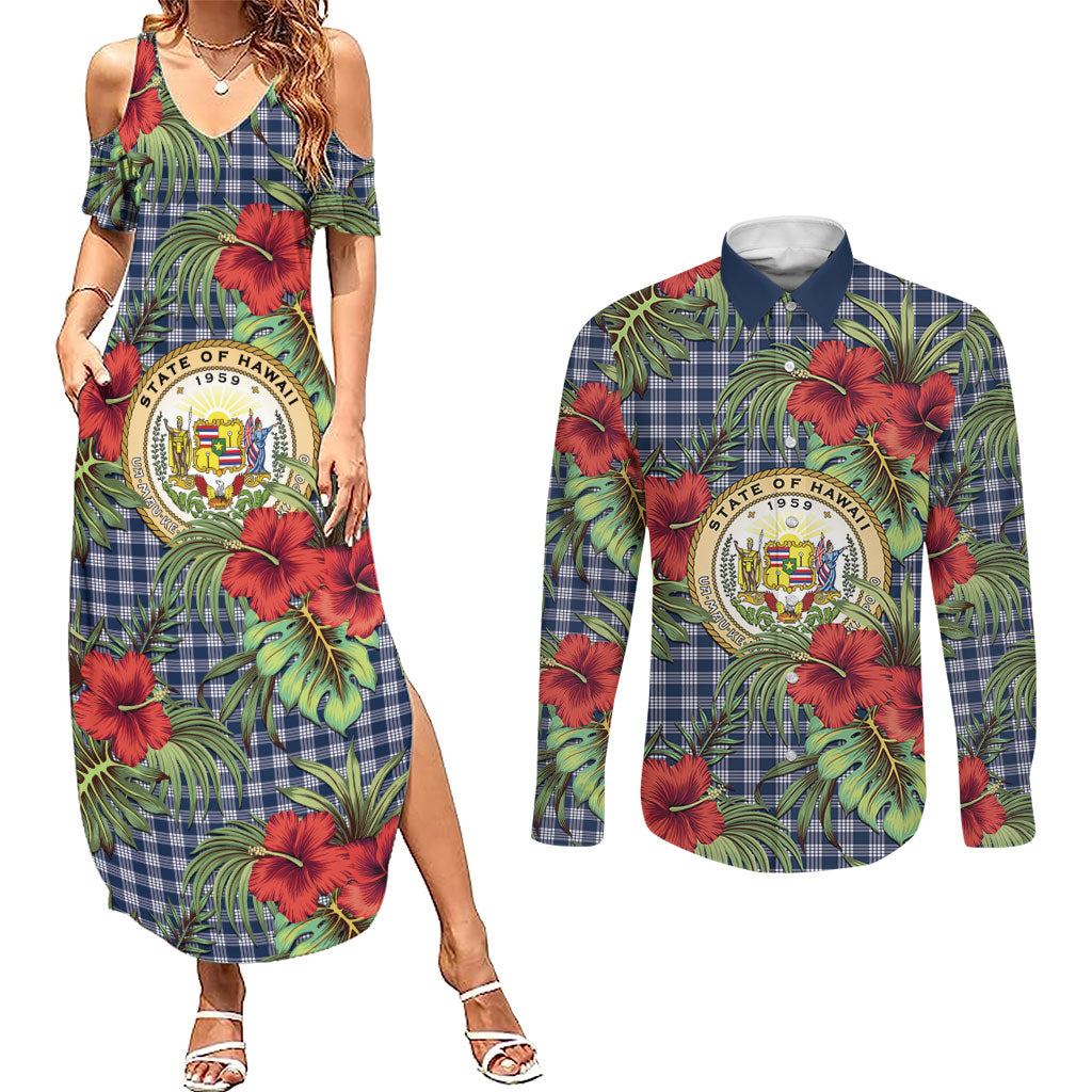 Vintage Hawaii Hibiscus Palaka Couples Matching Summer Maxi Dress and Long Sleeve Button Shirt Navy Color LT19 Navy - Polynesian Pride