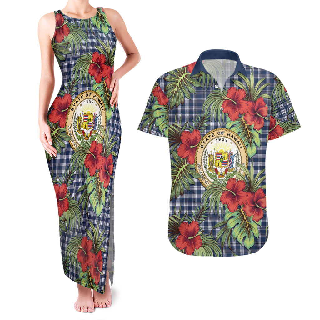 Vintage Hawaii Hibiscus Palaka Couples Matching Tank Maxi Dress and Hawaiian Shirt Navy Color LT19 Navy - Polynesian Pride