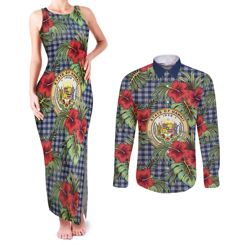Vintage Hawaii Hibiscus Palaka Couples Matching Tank Maxi Dress and Long Sleeve Button Shirt Navy Color LT19 Navy - Polynesian Pride