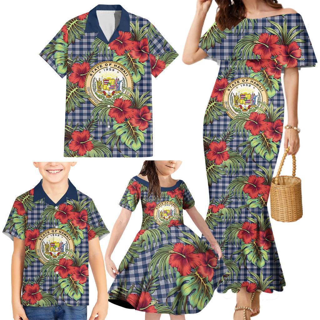 Vintage Hawaii Hibiscus Palaka Family Matching Mermaid Dress and Hawaiian Shirt Navy Color LT19 - Polynesian Pride