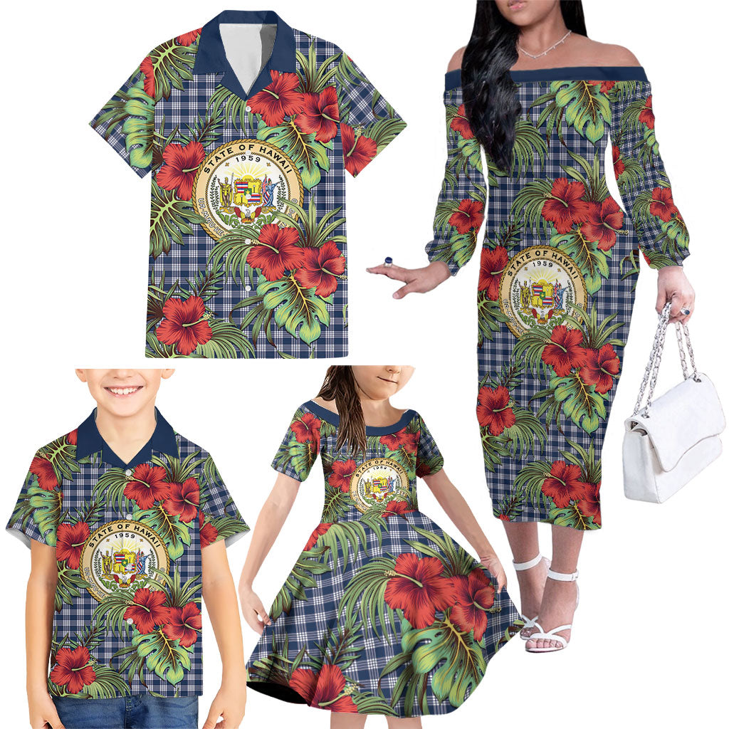 Vintage Hawaii Hibiscus Palaka Family Matching Off The Shoulder Long Sleeve Dress and Hawaiian Shirt Navy Color LT19 - Polynesian Pride