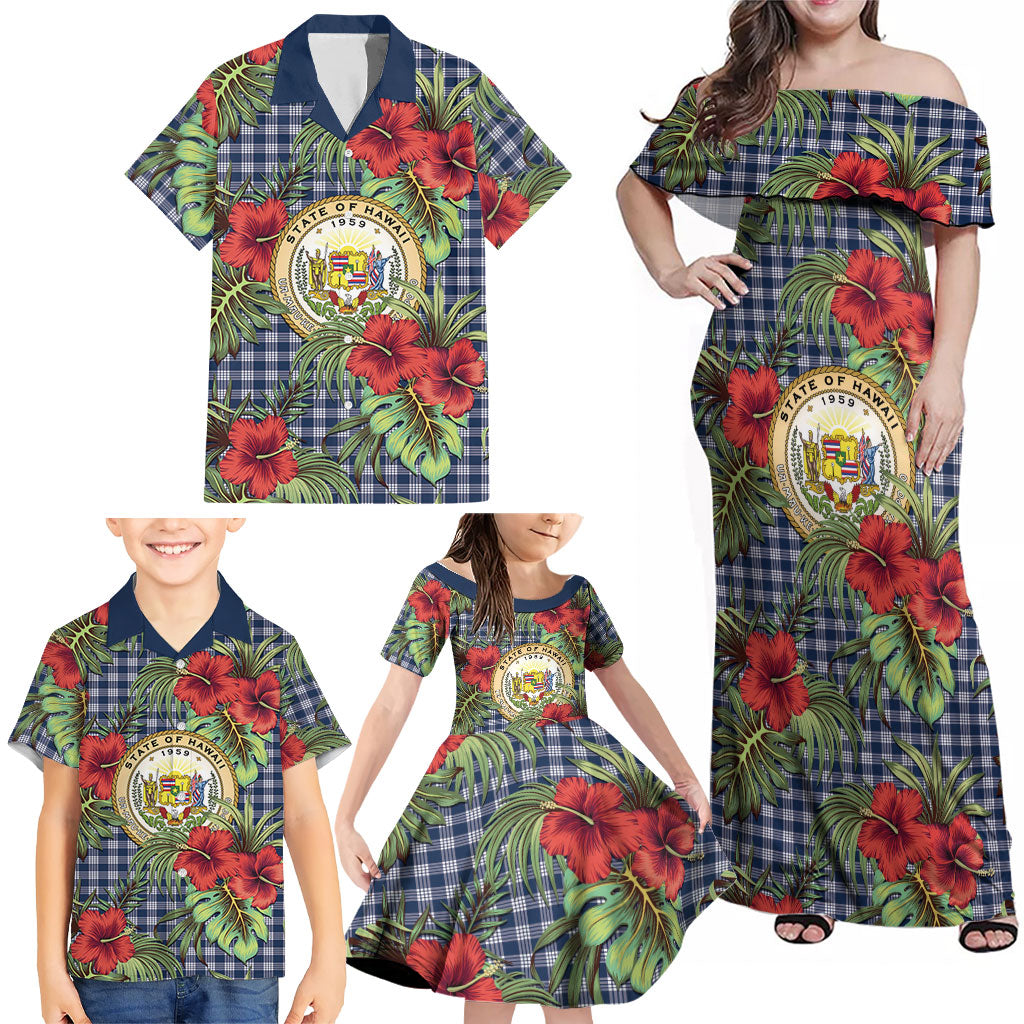 Vintage Hawaii Hibiscus Palaka Family Matching Off Shoulder Maxi Dress and Hawaiian Shirt Navy Color LT19 - Polynesian Pride