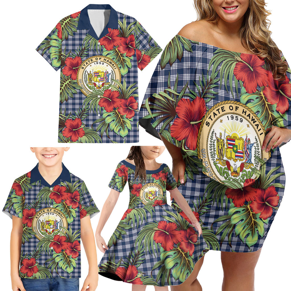 Vintage Hawaii Hibiscus Palaka Family Matching Off Shoulder Short Dress and Hawaiian Shirt Navy Color LT19 - Polynesian Pride