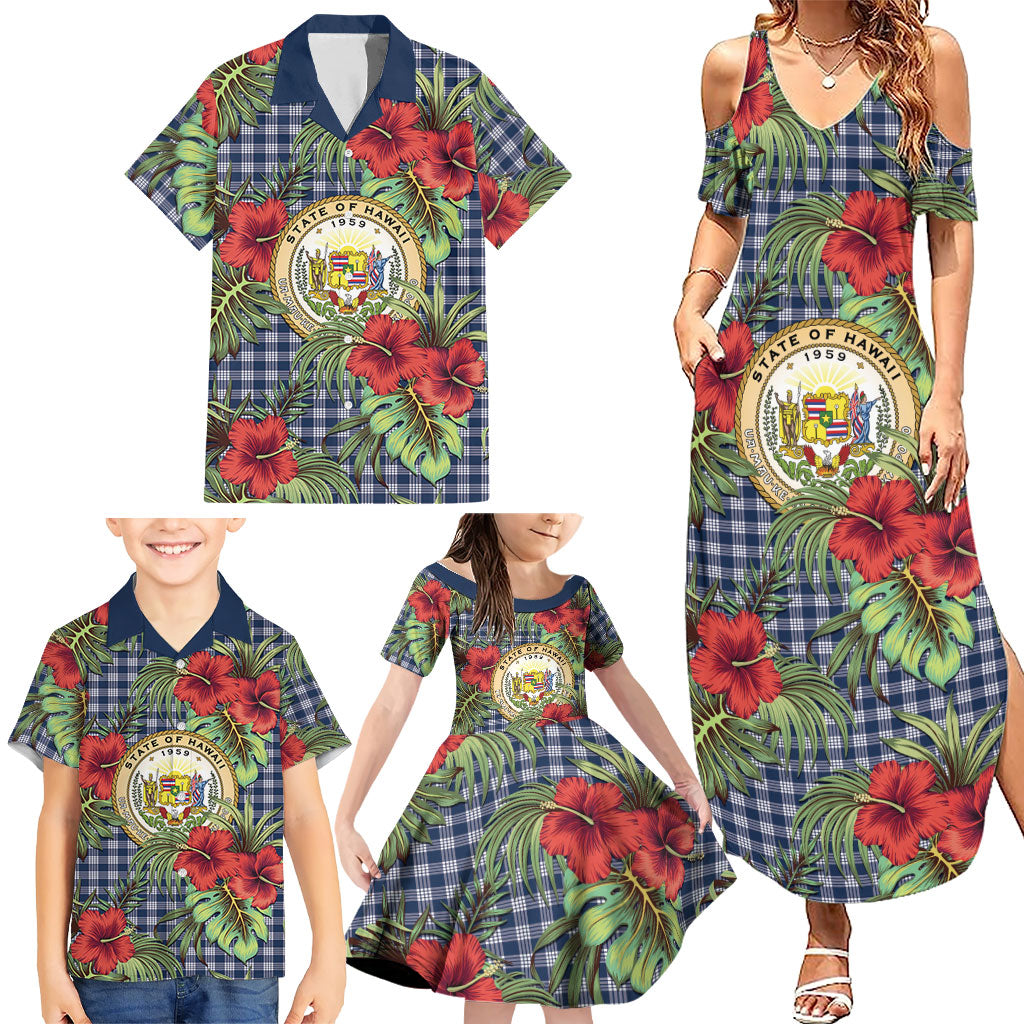 Vintage Hawaii Hibiscus Palaka Family Matching Summer Maxi Dress and Hawaiian Shirt Navy Color LT19 - Polynesian Pride