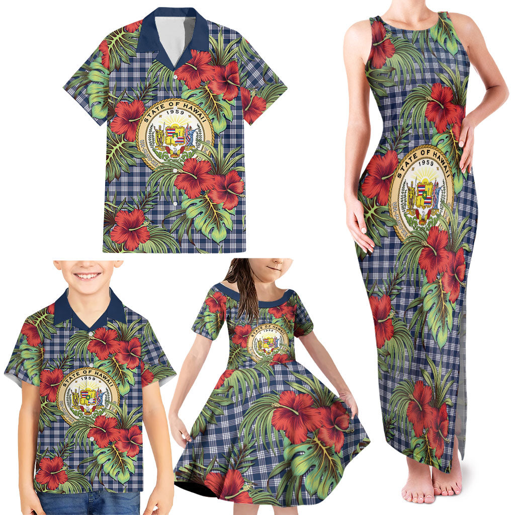 Vintage Hawaii Hibiscus Palaka Family Matching Tank Maxi Dress and Hawaiian Shirt Navy Color LT19 - Polynesian Pride