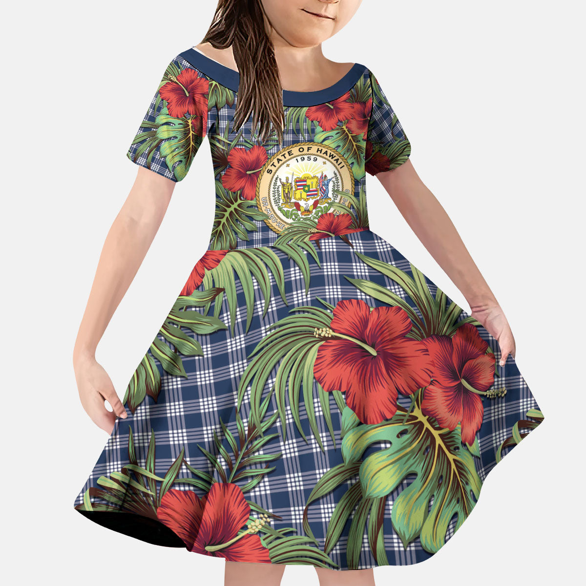Vintage Hawaii Hibiscus Palaka Kid Short Sleeve Dress Navy Color LT19 KID Navy - Polynesian Pride