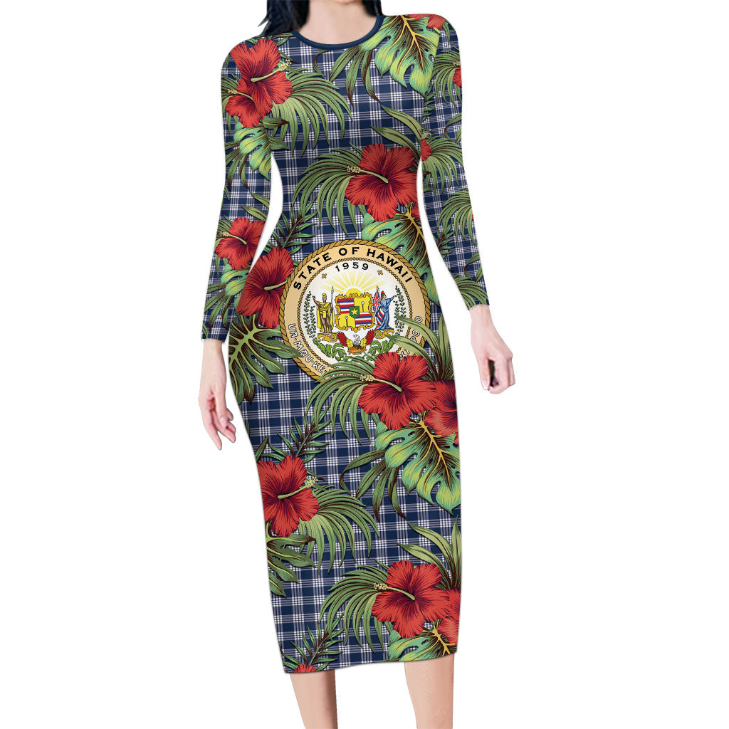 Vintage Hawaii Hibiscus Palaka Long Sleeve Bodycon Dress Navy Color LT19 Long Dress Navy - Polynesian Pride