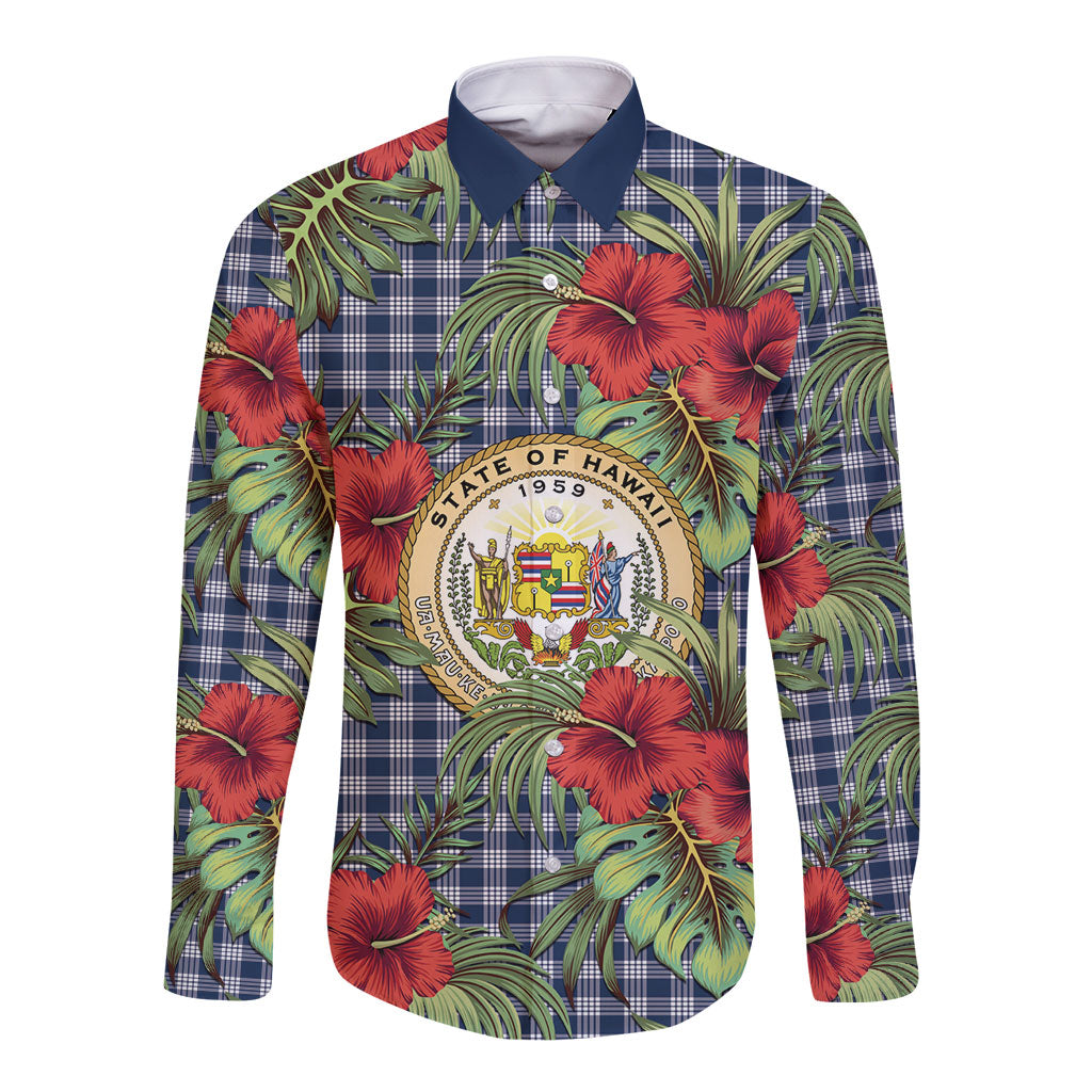 Vintage Hawaii Hibiscus Palaka Long Sleeve Button Shirt Navy Color LT19 Unisex Navy - Polynesian Pride