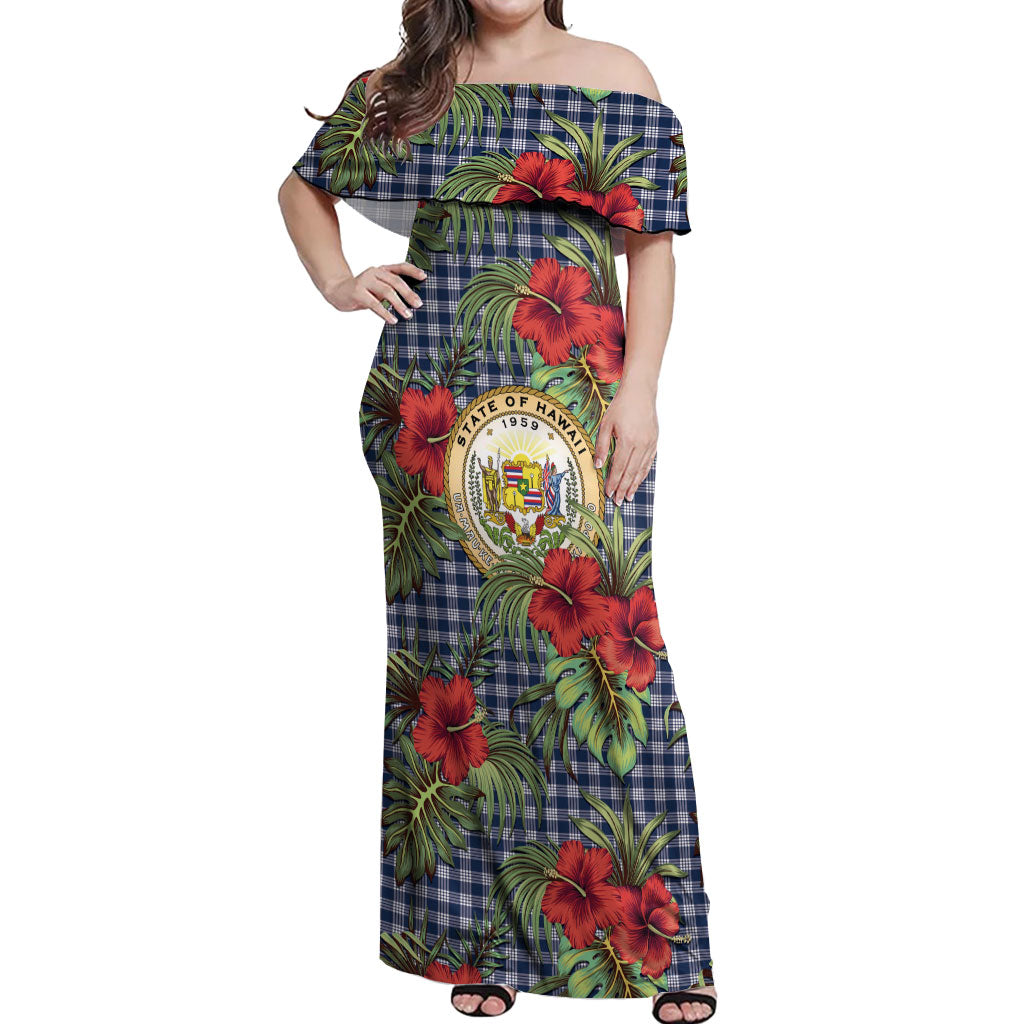 Vintage Hawaii Hibiscus Palaka Off Shoulder Maxi Dress Navy Color LT19 Women Navy - Polynesian Pride