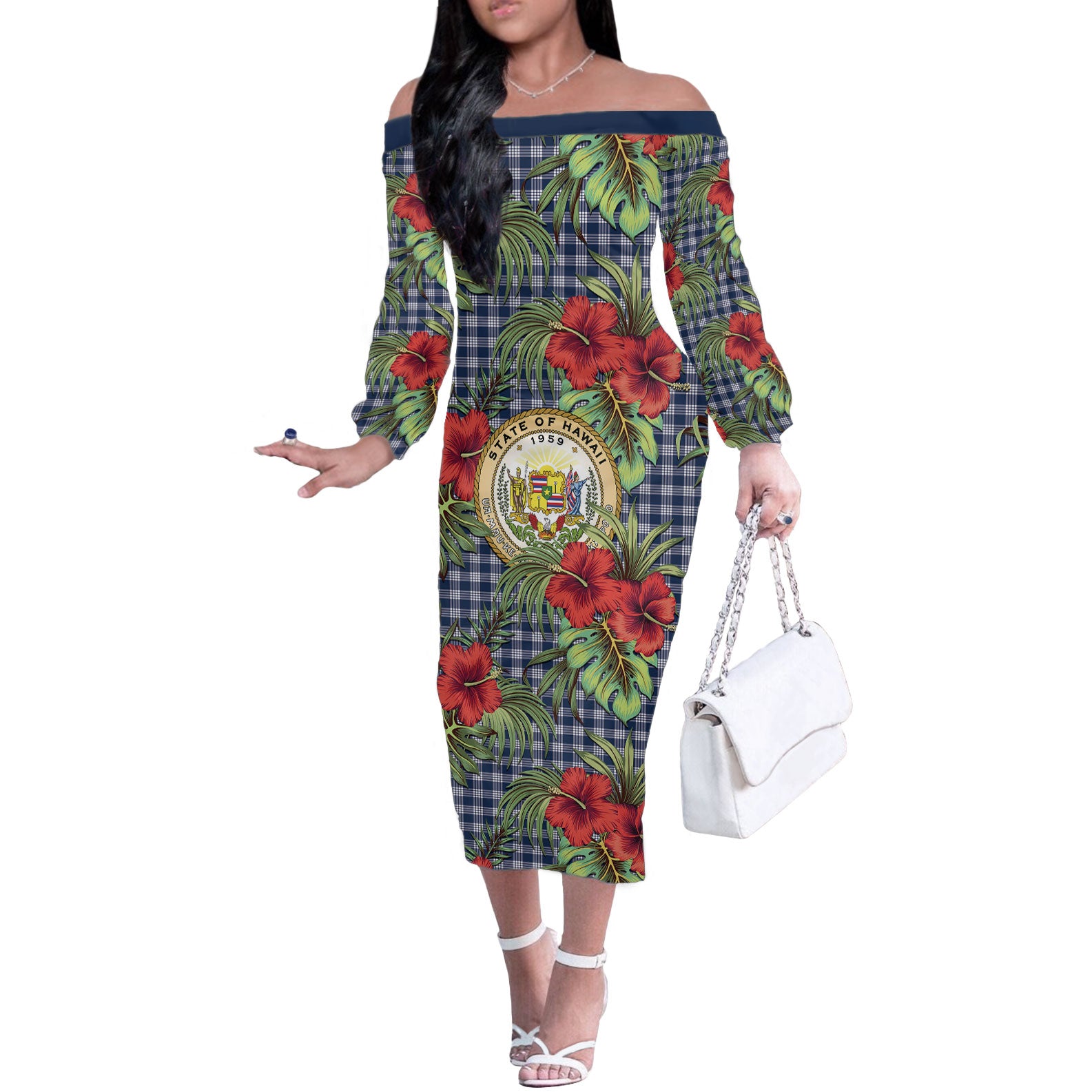 Vintage Hawaii Hibiscus Palaka Off The Shoulder Long Sleeve Dress Navy Color
