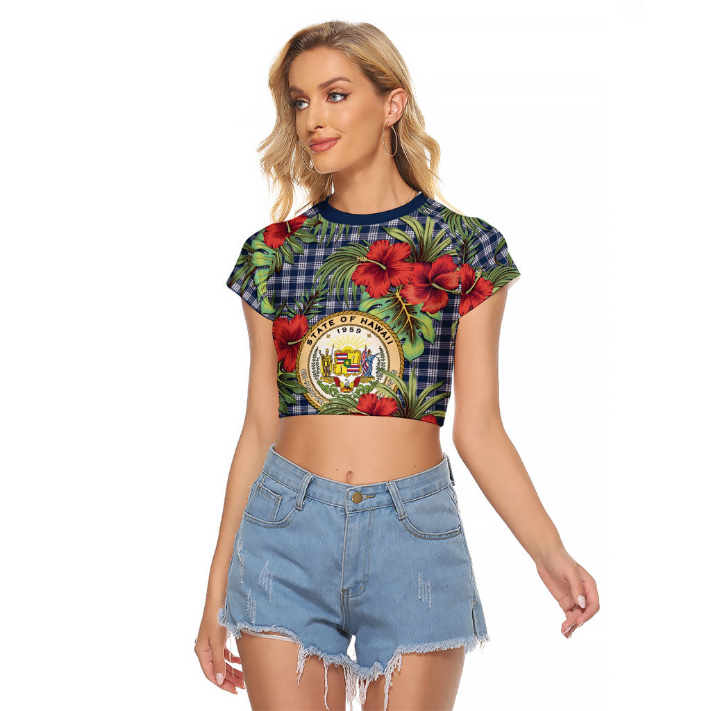 Vintage Hawaii Hibiscus Palaka Raglan Cropped T Shirt Navy Color LT19 Female Navy - Polynesian Pride