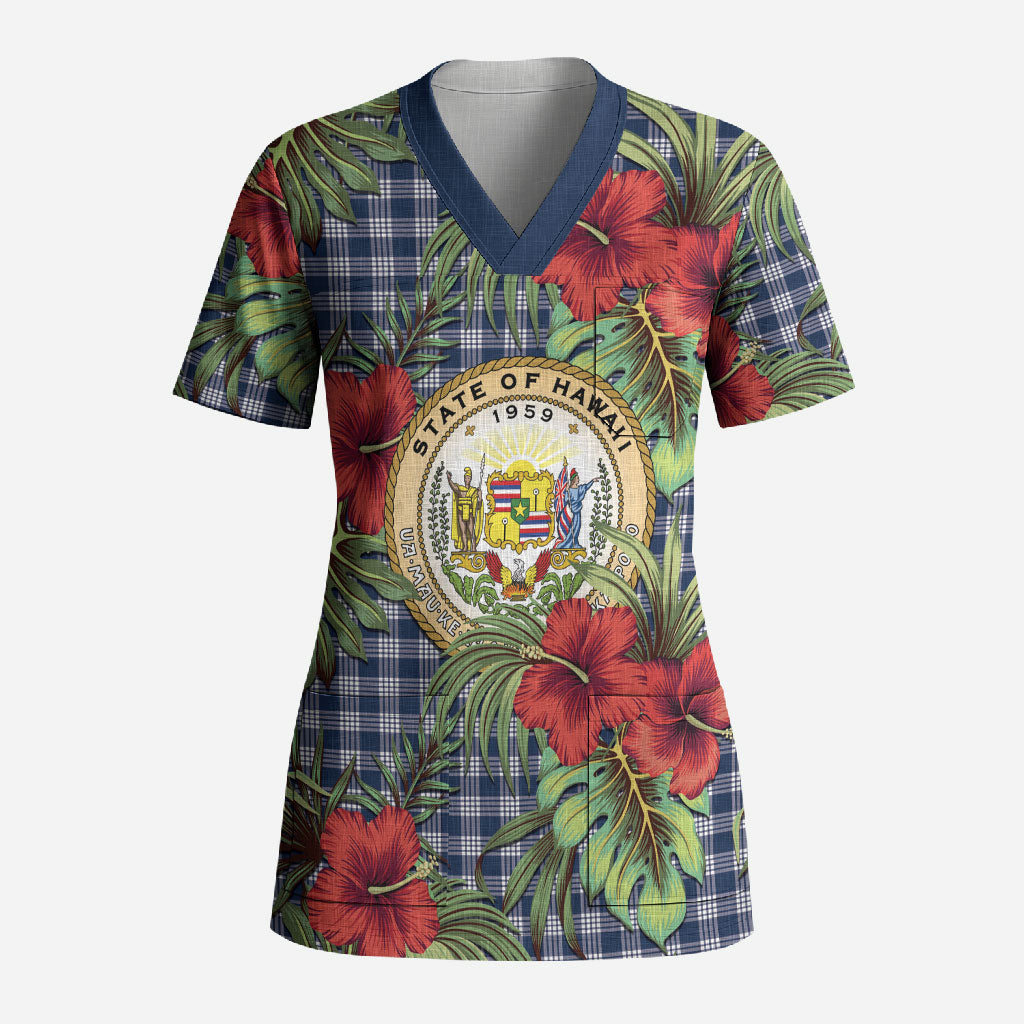 Vintage Hawaii Hibiscus Palaka Scrub Top Navy Color LT19 Adult Navy - Polynesian Pride