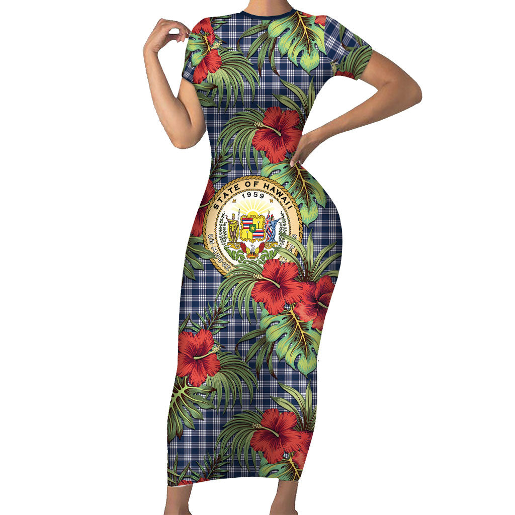 Vintage Hawaii Hibiscus Palaka Short Sleeve Bodycon Dress Navy Color LT19 Long Dress Navy - Polynesian Pride
