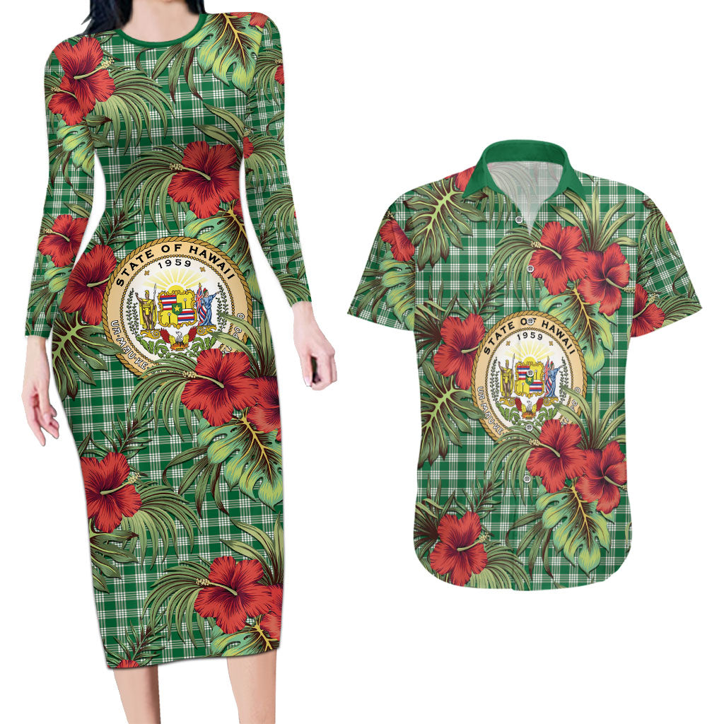 Vintage Hawaii Hibiscus Palaka Couples Matching Long Sleeve Bodycon Dress and Hawaiian Shirt Green Color LT19 Green - Polynesian Pride