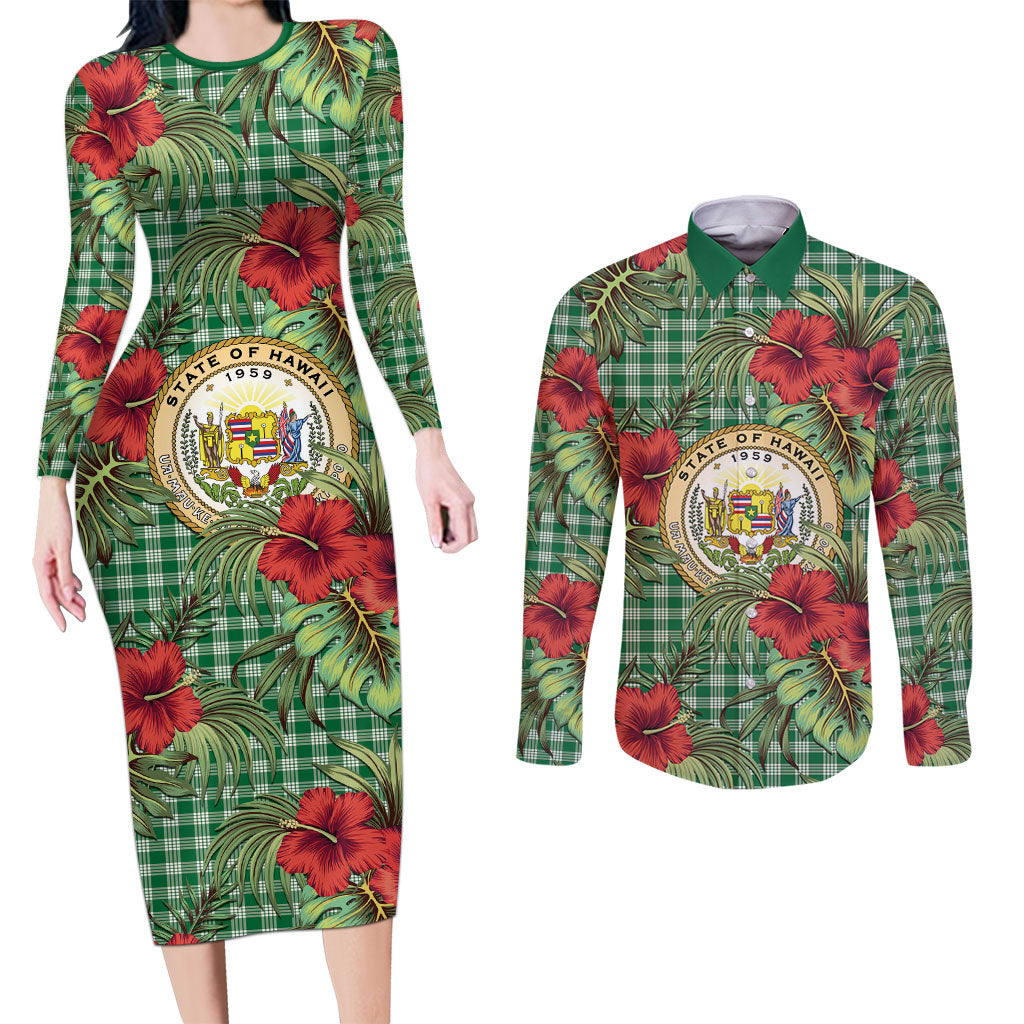 Vintage Hawaii Hibiscus Palaka Couples Matching Long Sleeve Bodycon Dress and Long Sleeve Button Shirt Green Color LT19 Green - Polynesian Pride