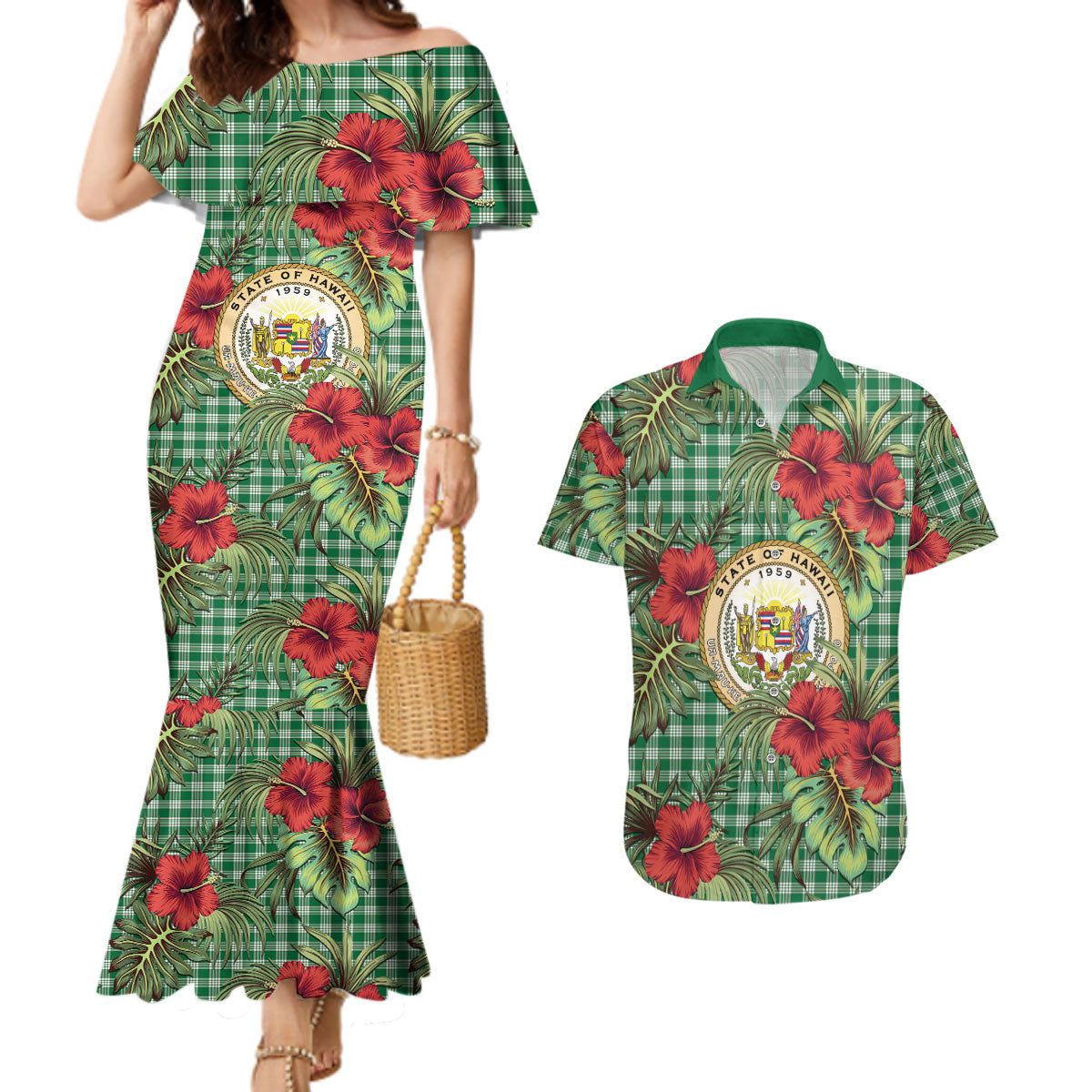 Vintage Hawaii Hibiscus Palaka Couples Matching Mermaid Dress and Hawaiian Shirt Green Color LT19 Green - Polynesian Pride