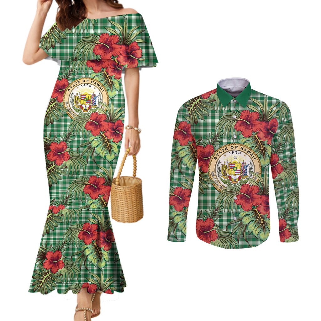Vintage Hawaii Hibiscus Palaka Couples Matching Mermaid Dress and Long Sleeve Button Shirt Green Color LT19 Green - Polynesian Pride