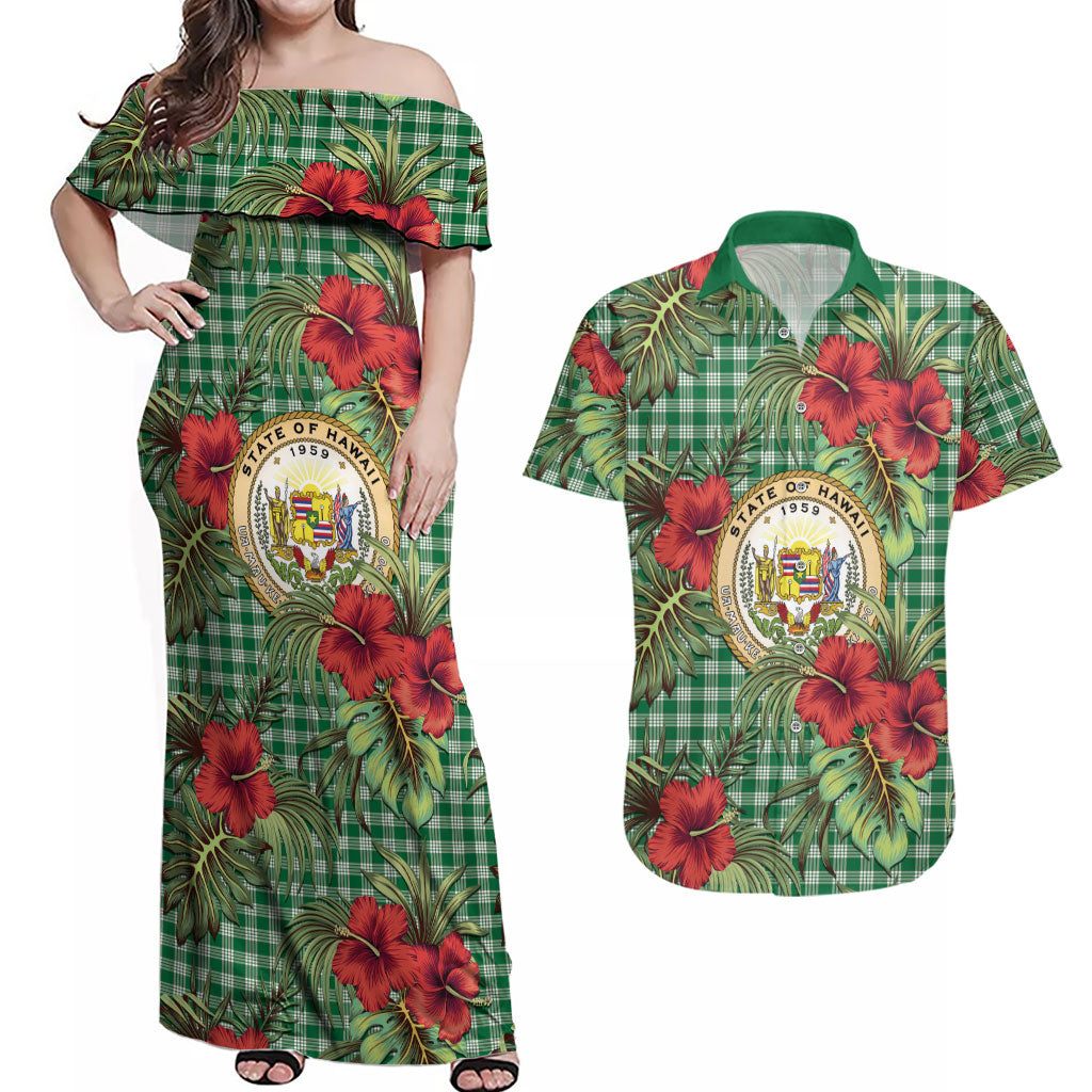 Vintage Hawaii Hibiscus Palaka Couples Matching Off Shoulder Maxi Dress and Hawaiian Shirt Green Color LT19 Green - Polynesian Pride