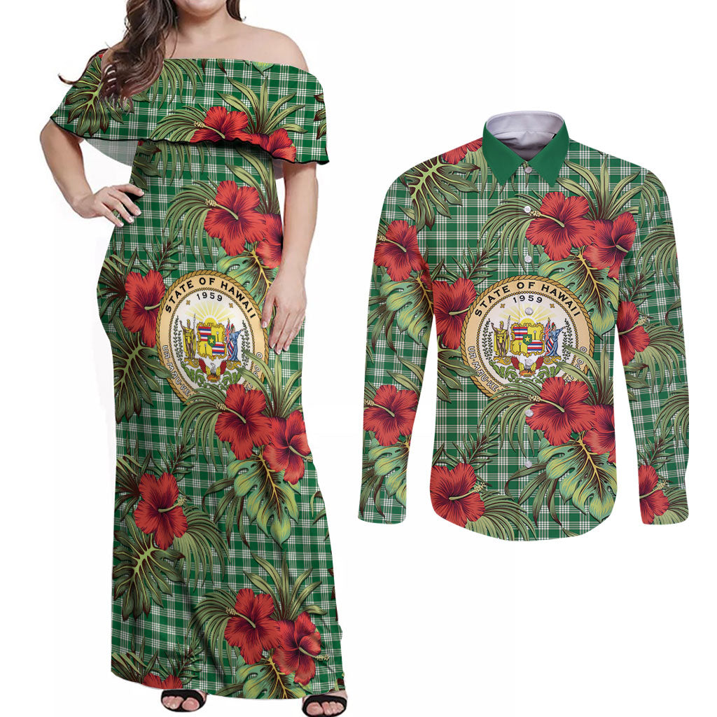 Vintage Hawaii Hibiscus Palaka Couples Matching Off Shoulder Maxi Dress and Long Sleeve Button Shirt Green Color LT19 Green - Polynesian Pride