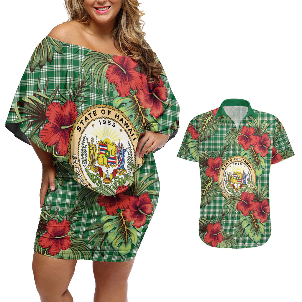 Vintage Hawaii Hibiscus Palaka Couples Matching Off Shoulder Short Dress and Hawaiian Shirt Green Color LT19 Green - Polynesian Pride