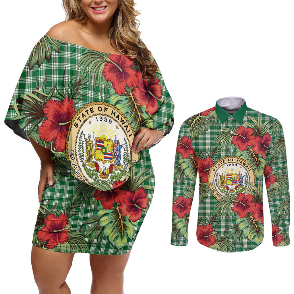 Vintage Hawaii Hibiscus Palaka Couples Matching Off Shoulder Short Dress and Long Sleeve Button Shirt Green Color LT19 Green - Polynesian Pride