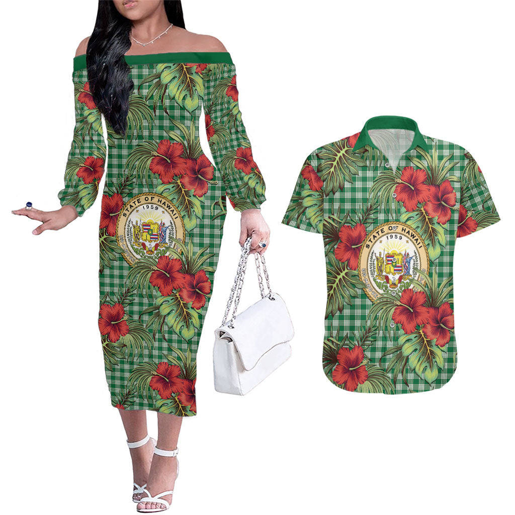 Vintage Hawaii Hibiscus Palaka Couples Matching Off The Shoulder Long Sleeve Dress and Hawaiian Shirt Green Color LT19 Green - Polynesian Pride