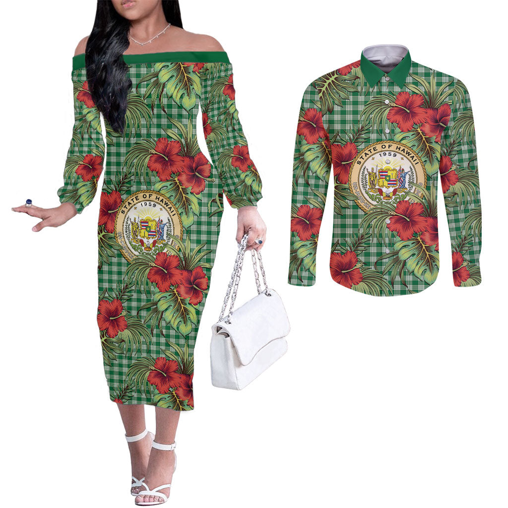 Vintage Hawaii Hibiscus Palaka Couples Matching Off The Shoulder Long Sleeve Dress and Long Sleeve Button Shirt Green Color LT19 Green - Polynesian Pride