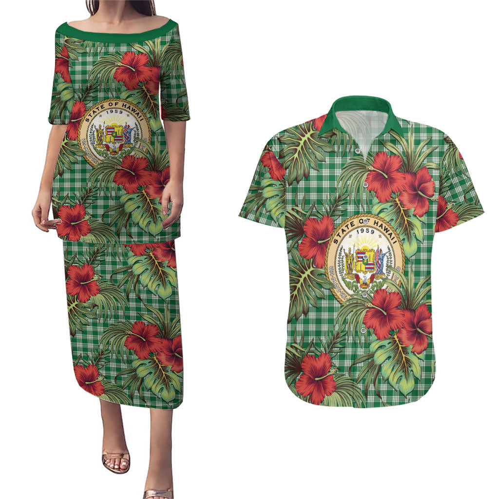 Vintage Hawaii Hibiscus Palaka Couples Matching Puletasi and Hawaiian Shirt Green Color LT19 Green - Polynesian Pride