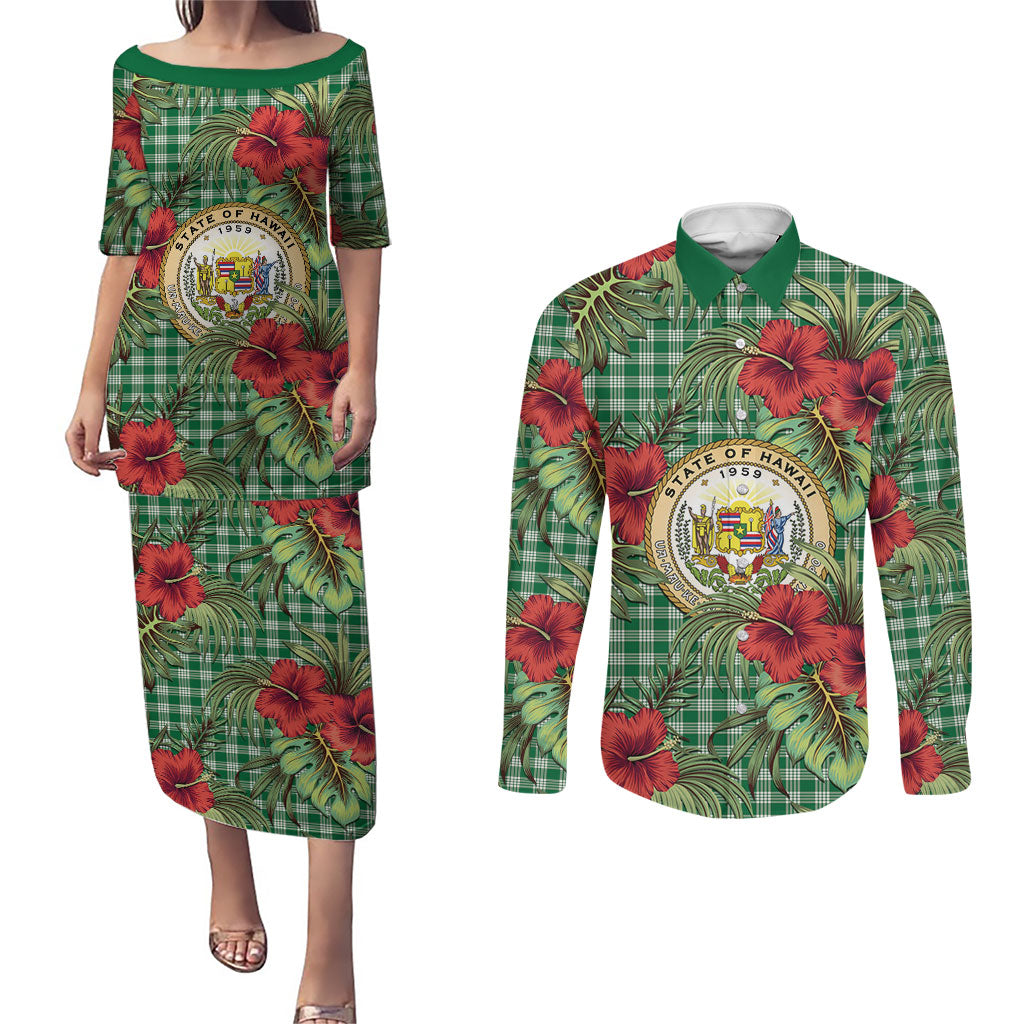 Vintage Hawaii Hibiscus Palaka Couples Matching Puletasi and Long Sleeve Button Shirt Green Color LT19 Green - Polynesian Pride