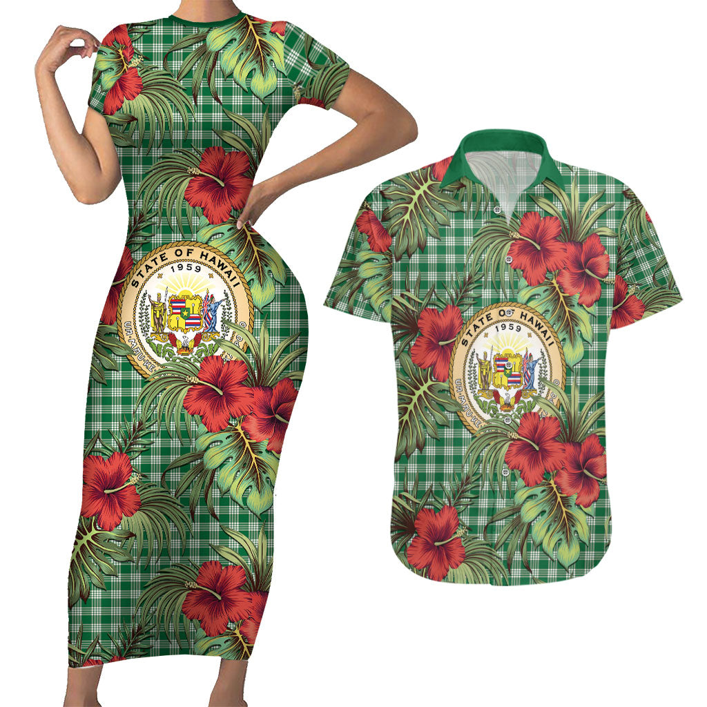 Vintage Hawaii Hibiscus Palaka Couples Matching Short Sleeve Bodycon Dress and Hawaiian Shirt Green Color LT19 Green - Polynesian Pride