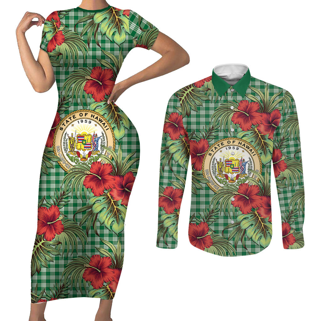 Vintage Hawaii Hibiscus Palaka Couples Matching Short Sleeve Bodycon Dress and Long Sleeve Button Shirt Green Color LT19 Green - Polynesian Pride