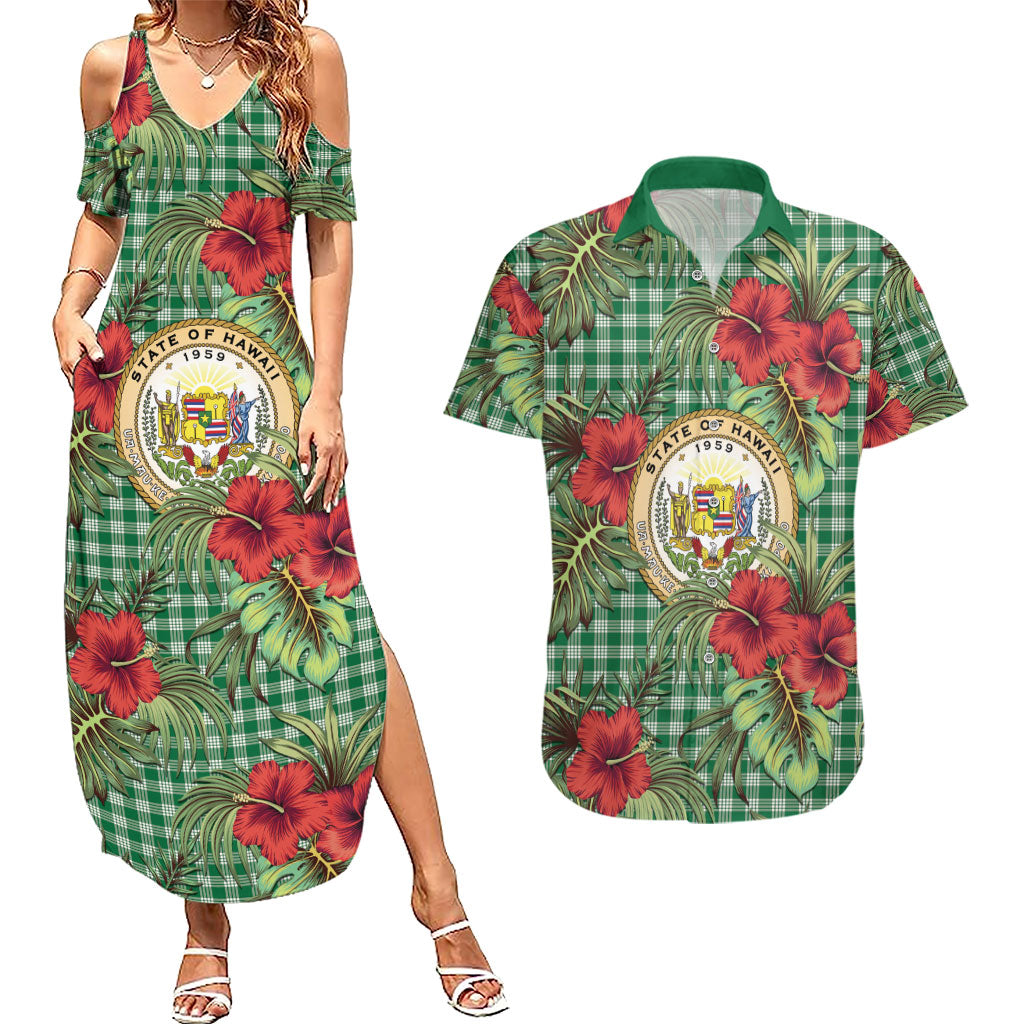 Vintage Hawaii Hibiscus Palaka Couples Matching Summer Maxi Dress and Hawaiian Shirt Green Color LT19 Green - Polynesian Pride