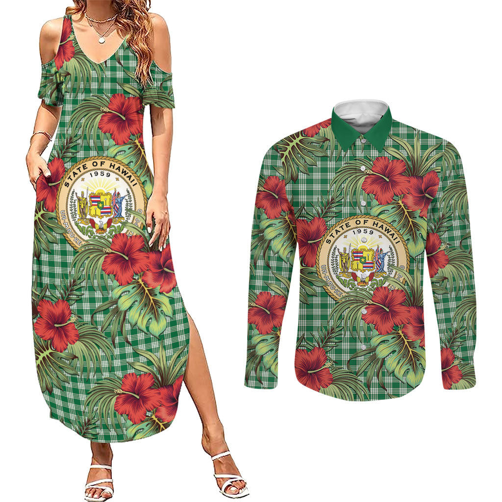 Vintage Hawaii Hibiscus Palaka Couples Matching Summer Maxi Dress and Long Sleeve Button Shirt Green Color LT19 Green - Polynesian Pride