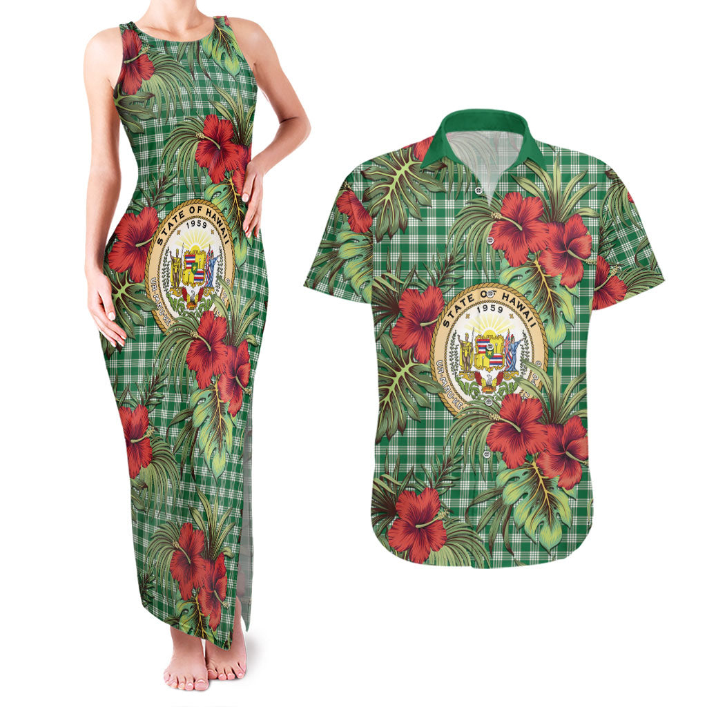 Vintage Hawaii Hibiscus Palaka Couples Matching Tank Maxi Dress and Hawaiian Shirt Green Color LT19 Green - Polynesian Pride