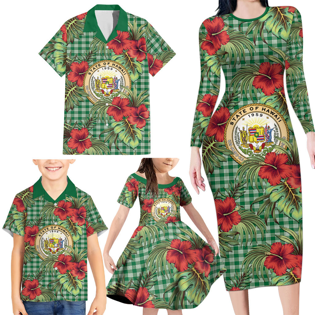Vintage Hawaii Hibiscus Palaka Family Matching Long Sleeve Bodycon Dress and Hawaiian Shirt Green Color LT19 - Polynesian Pride