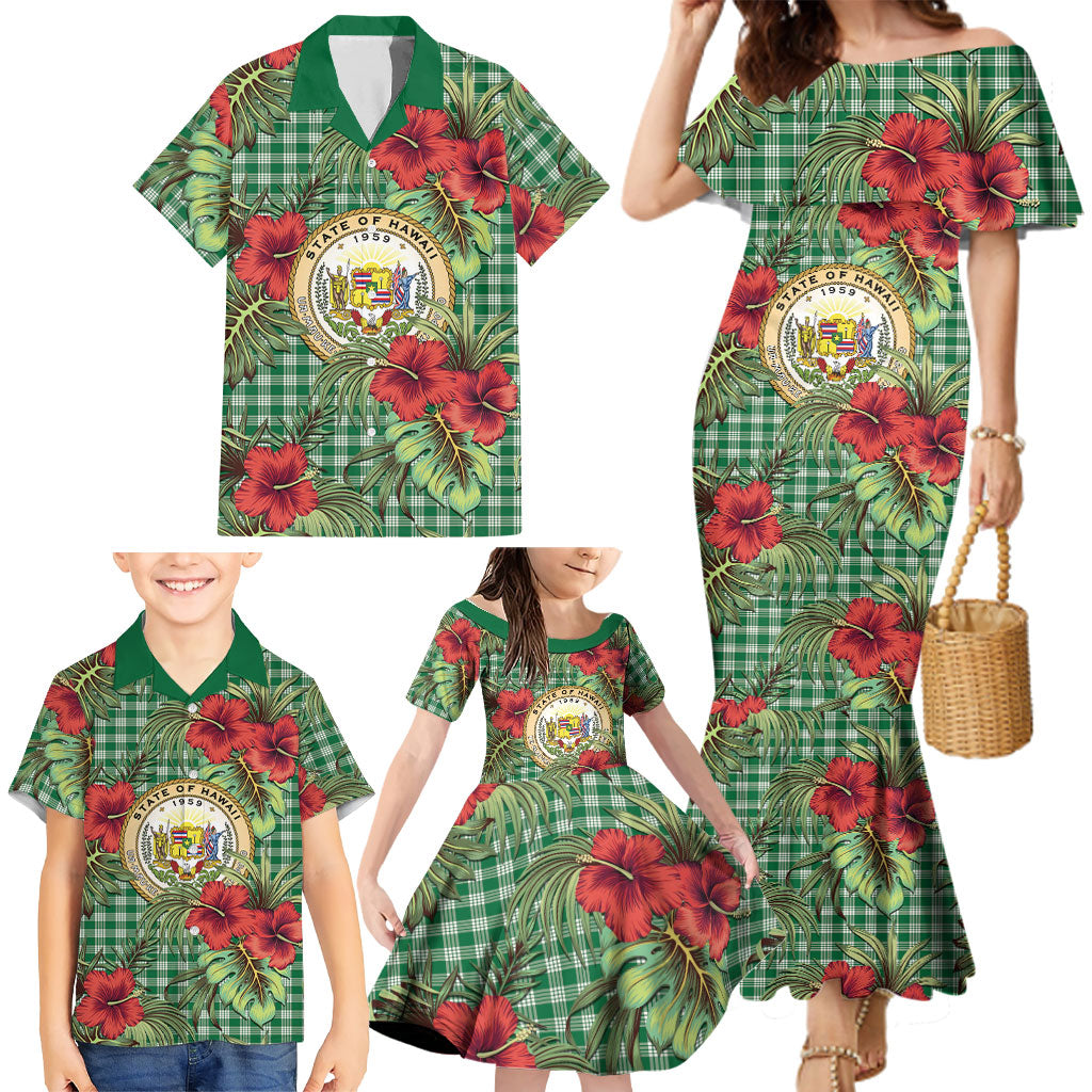 Vintage Hawaii Hibiscus Palaka Family Matching Mermaid Dress and Hawaiian Shirt Green Color LT19 - Polynesian Pride