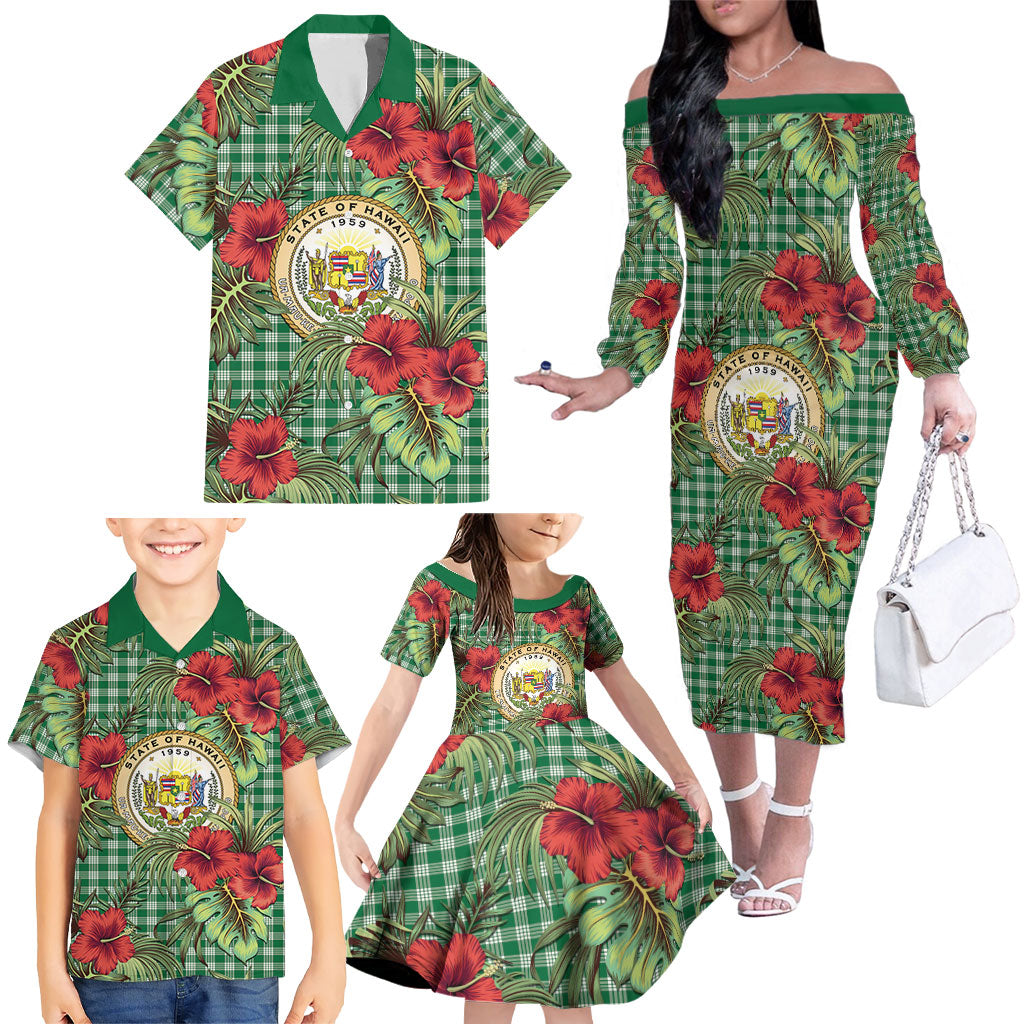 Vintage Hawaii Hibiscus Palaka Family Matching Off The Shoulder Long Sleeve Dress and Hawaiian Shirt Green Color LT19 - Polynesian Pride