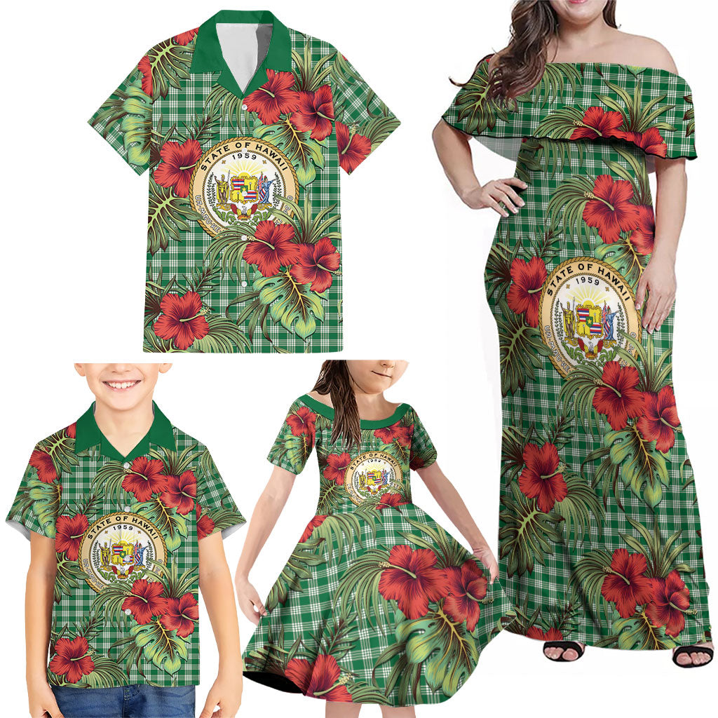 Vintage Hawaii Hibiscus Palaka Family Matching Off Shoulder Maxi Dress and Hawaiian Shirt Green Color LT19 - Polynesian Pride