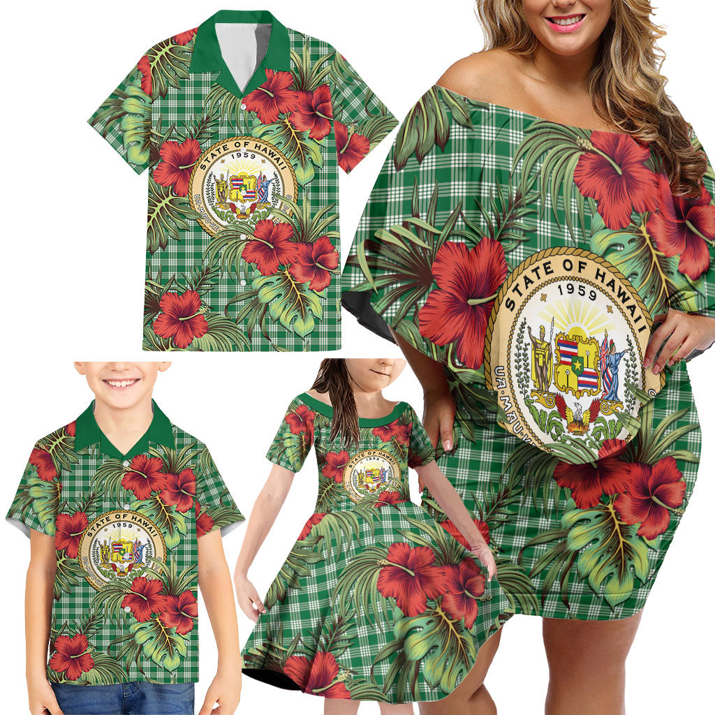 Vintage Hawaii Hibiscus Palaka Family Matching Off Shoulder Short Dress and Hawaiian Shirt Green Color LT19 - Polynesian Pride