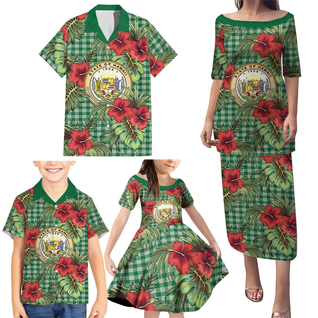 Vintage Hawaii Hibiscus Palaka Family Matching Puletasi and Hawaiian Shirt Green Color LT19 - Polynesian Pride