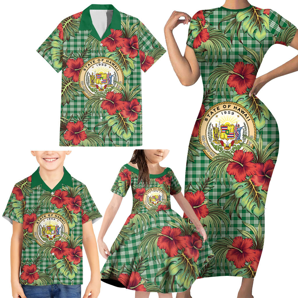 Vintage Hawaii Hibiscus Palaka Family Matching Short Sleeve Bodycon Dress and Hawaiian Shirt Green Color LT19 - Polynesian Pride