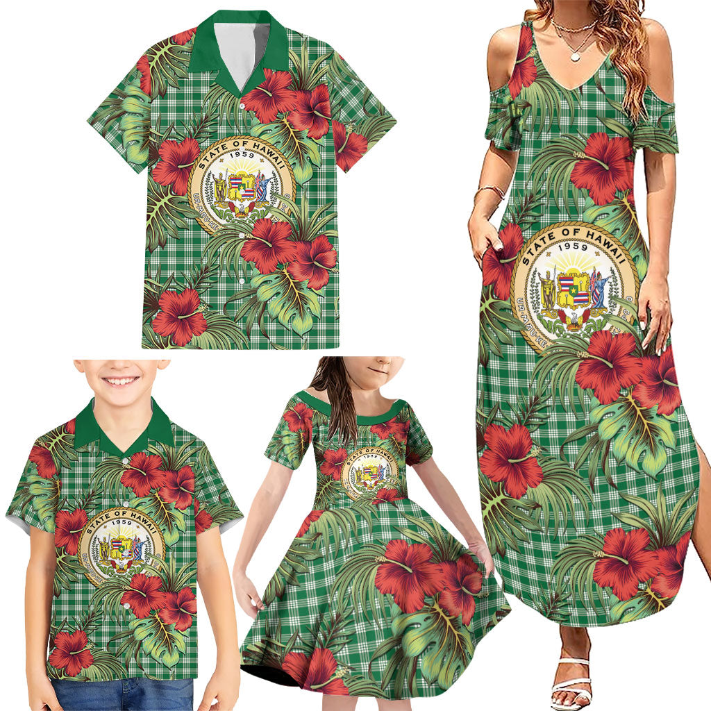 Vintage Hawaii Hibiscus Palaka Family Matching Summer Maxi Dress and Hawaiian Shirt Green Color LT19 - Polynesian Pride