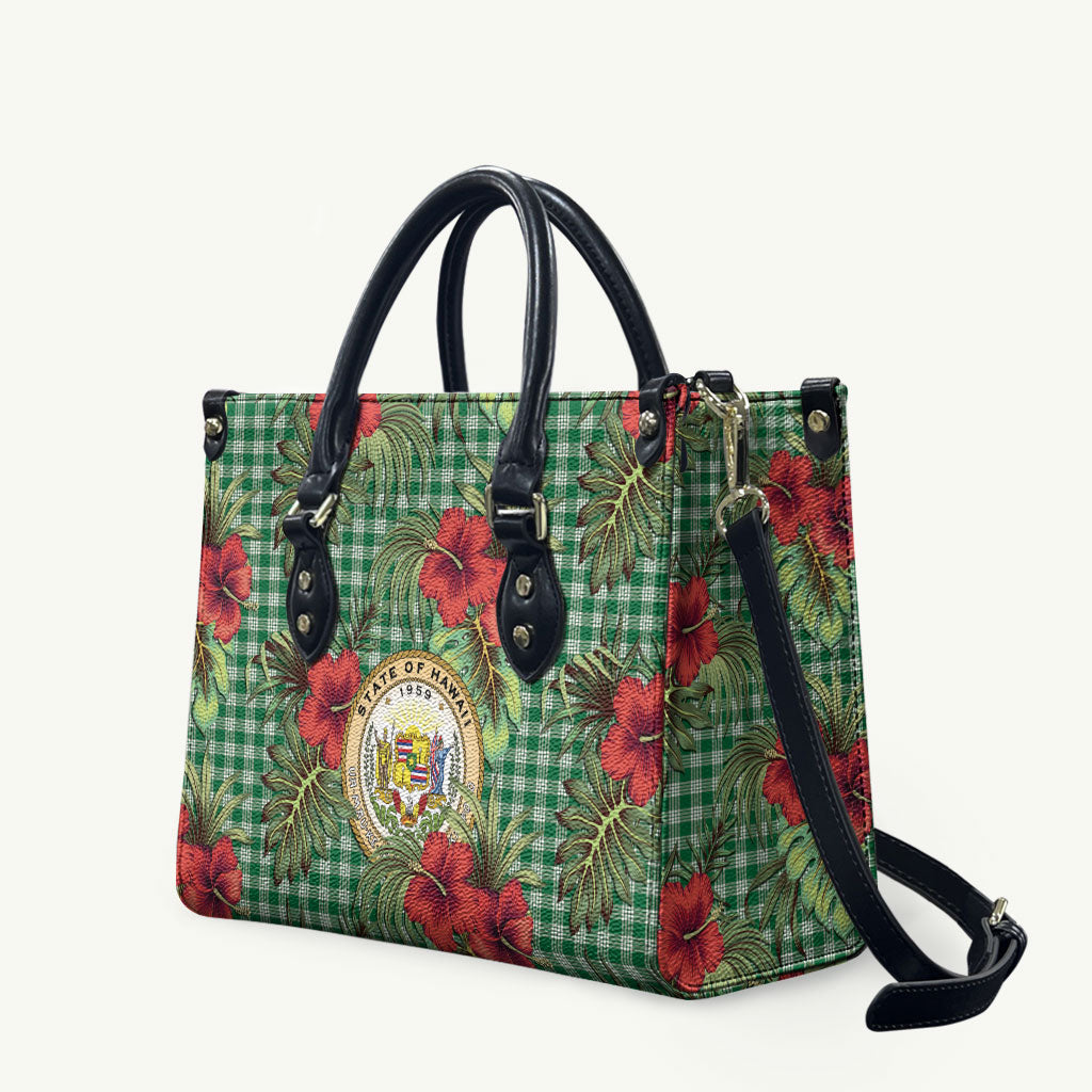 Vintage Hawaii Hibiscus Palaka Leather Bag Green Color