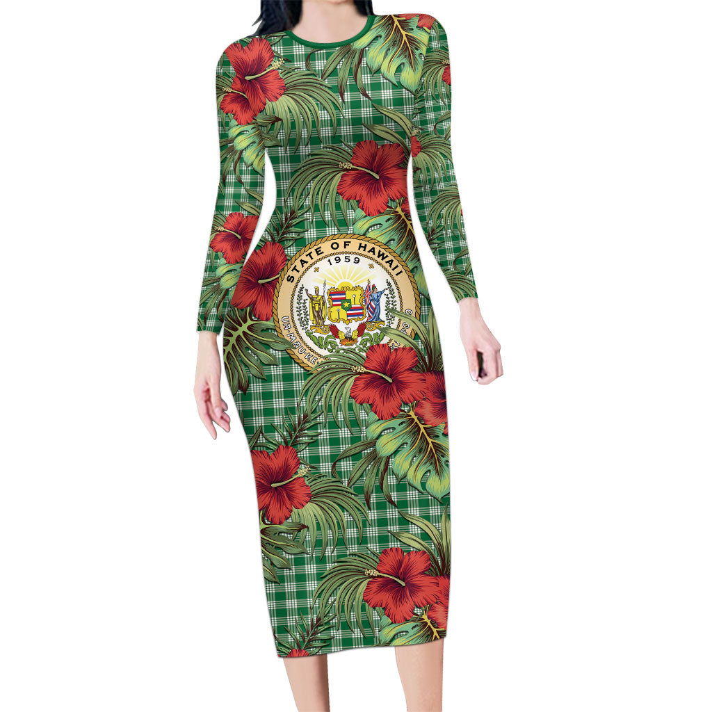 Vintage Hawaii Hibiscus Palaka Long Sleeve Bodycon Dress Green Color LT19 Long Dress Green - Polynesian Pride