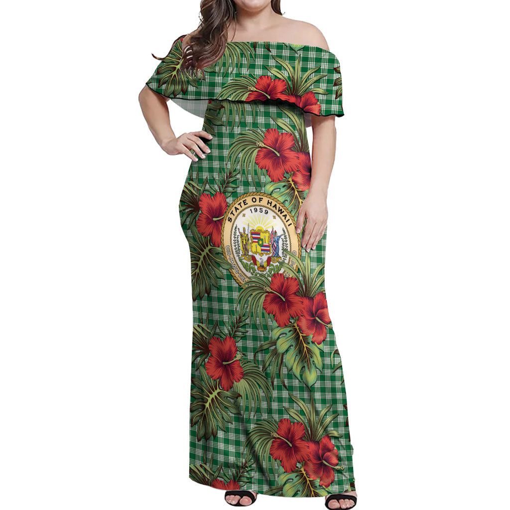 Vintage Hawaii Hibiscus Palaka Off Shoulder Maxi Dress Green Color LT19 Women Green - Polynesian Pride