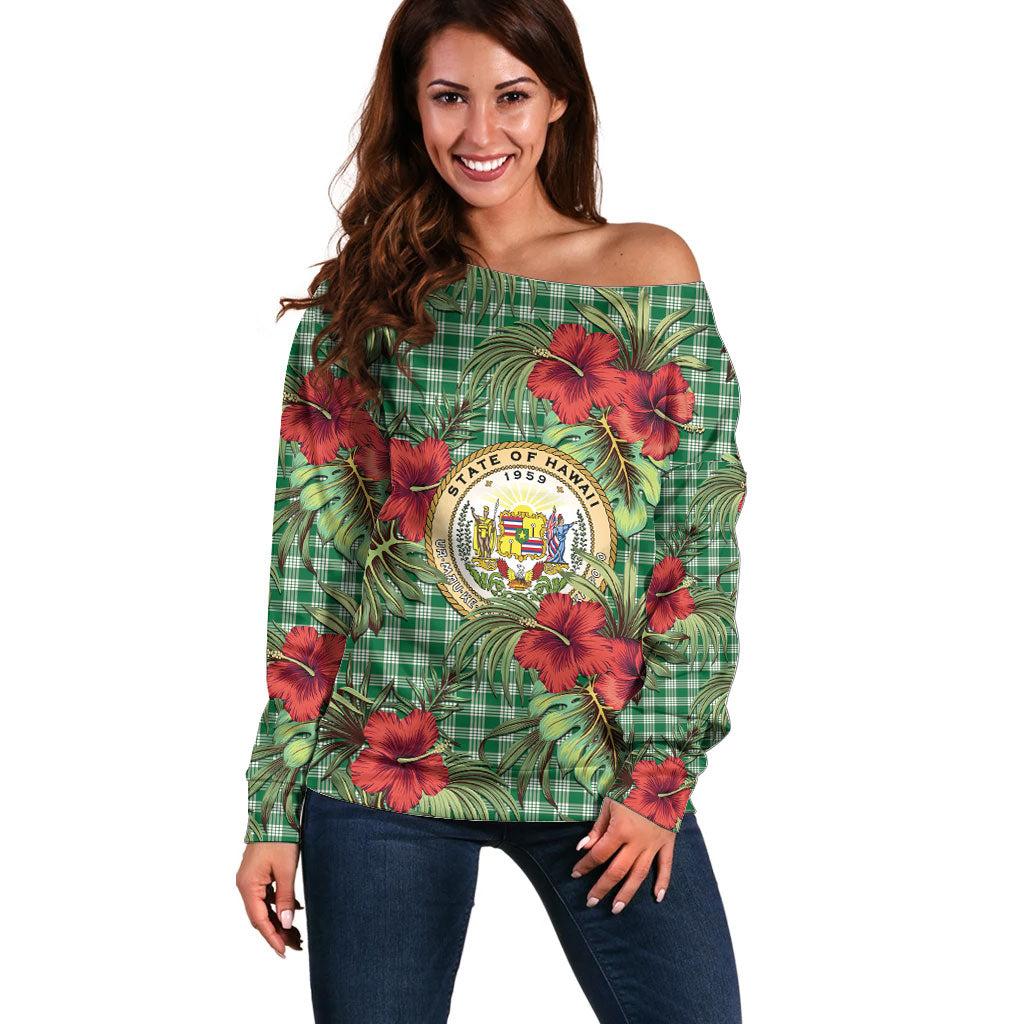 Vintage Hawaii Hibiscus Palaka Off Shoulder Sweater Green Color LT19 Women Green - Polynesian Pride