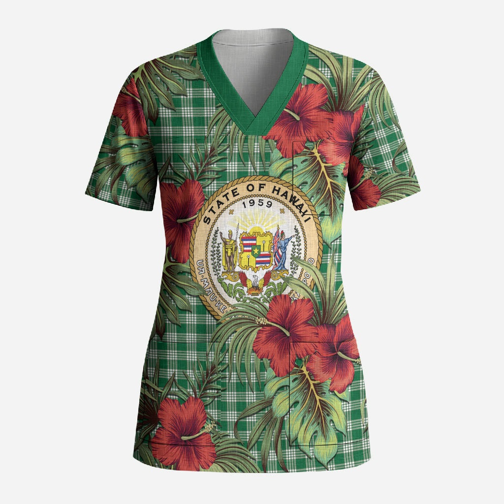 Vintage Hawaii Hibiscus Palaka Scrub Top Green Color LT19 Adult Green - Polynesian Pride