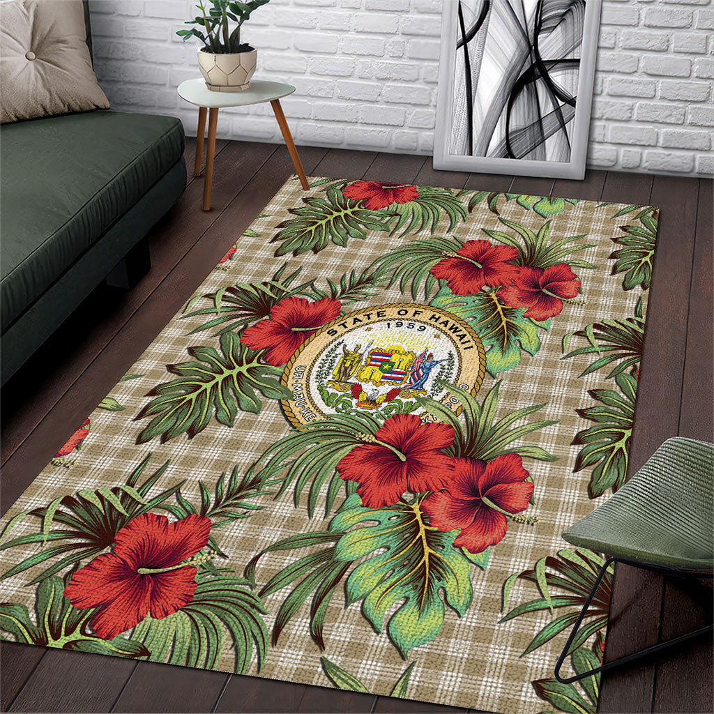 Vintage Hawaii Hibiscus Palaka Area Rug Khaki Color